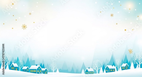 Winter landscape with snowy houses and frosty trees in pastel colors  