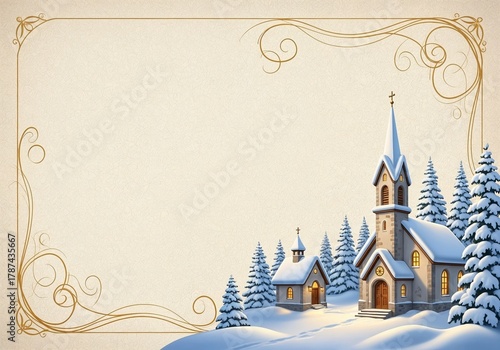 Snowy church with pine trees in winter landscape, concept of New Year, Christmas  