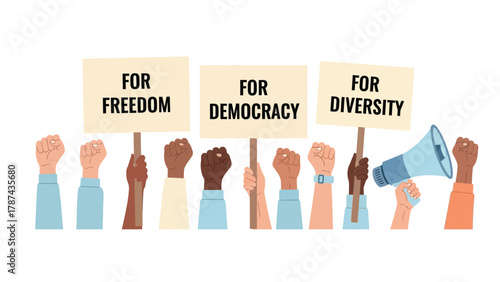 Diverse group of people protesting for freedom, democracy, and diversity. Raised fists and protest signs vector illustration.