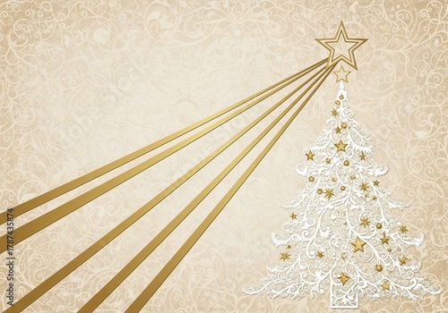 Christmas tree with golden star and beams on textured beige background  