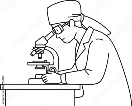 Scientist or Researcher Using Microscope in Laboratory - Line Art Illustration