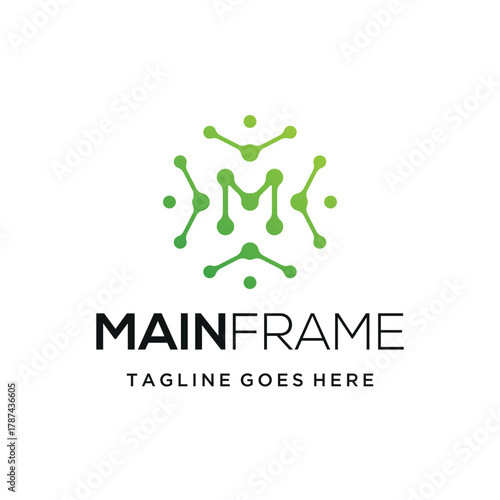 Modern initial letter M with abstract digital green gradient dots for technology network connection logo design