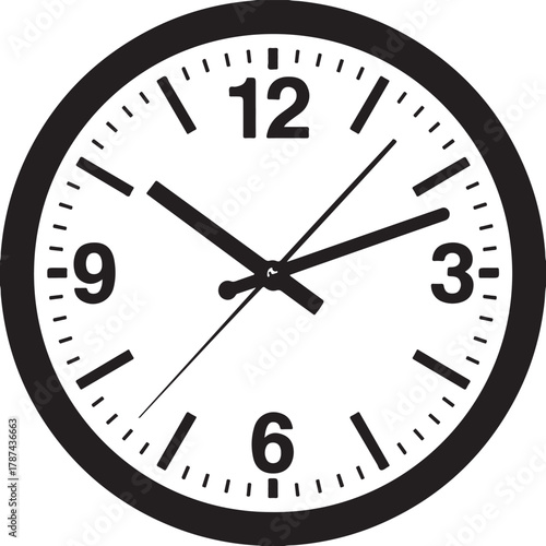 Vector illustration of a classic round analog clock face with hour and minute hands indicating time on a dark background