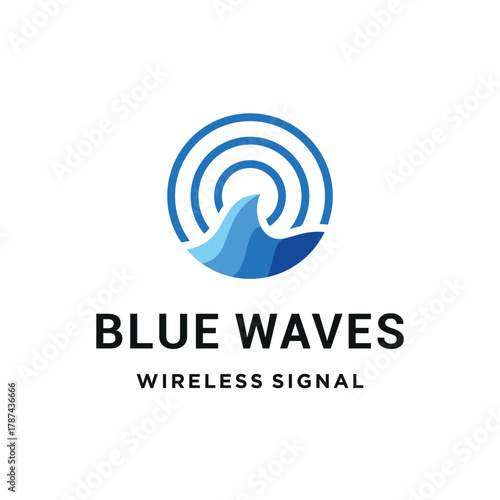 Modern ocean blue waves with concentric circles for wireless signal connectivity technology logo design