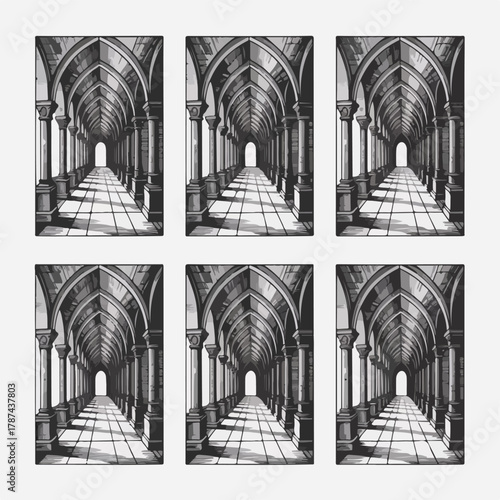  Vaulted Corridor Engraving Set — Matching Vector Assets