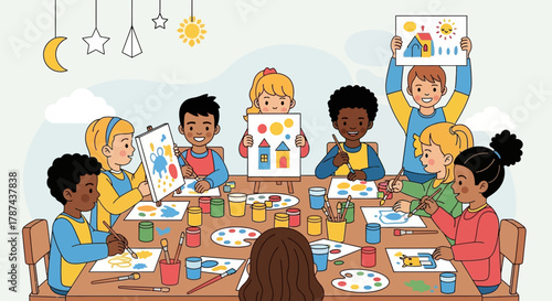 Children creating art project at table colorful drawings