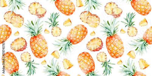 watercolor pineapple fruit seamless pattern, whole and halved hand drawn illustration wallpaper background