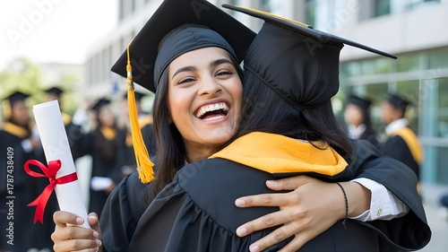 Happy Graduates Celebrating Achievement with Diploma on Graduation Day