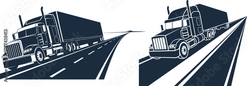 Silhouettes of semi-trucks driving on highways on a white background trailer truck lorry