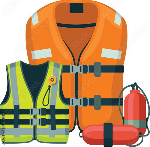 Vector illustration of a life jacket safety vest and rescue buoy for essential water safety equipment.