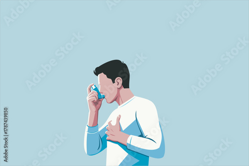 A man using an asthma inhaler, holding his chest with one hand while breathing medicine, wearing a long-sleeve shirt. representing asthma treatment, health care, and respiratory therapy concepts.