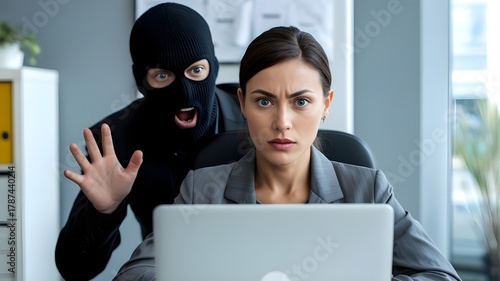 Frightened Businesswoman at Laptop Surprised by Masked Intruder in Office – Cyber Crime and Theft Concept