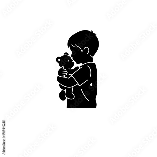 black and white silhouette icon of a small child tightly hugging a doll or small toy. This image powerfully emphasizes the impact of crises on children and the critical need to provide safety, comfort
