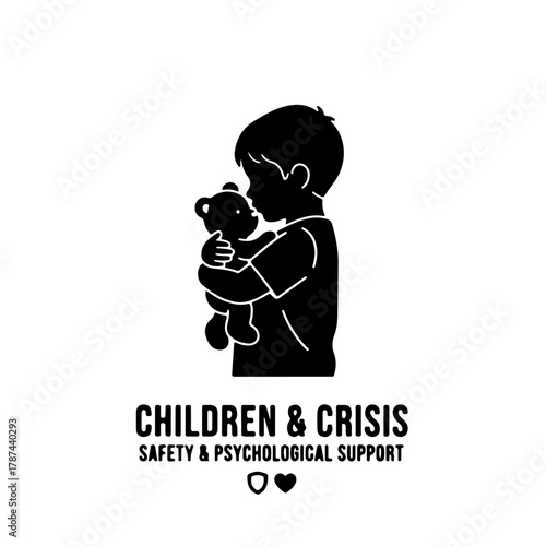 black and white silhouette icon of a small child tightly hugging a doll or small toy. This image powerfully emphasizes the impact of crises on children and the critical need to provide safety, comfort