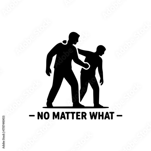 icon showing one figure (humanitarian worker) supporting or assisting another weaker figure (a victim). This visual emphasizes concrete action, resilience, the "No Matter What" spirit of aid efforts