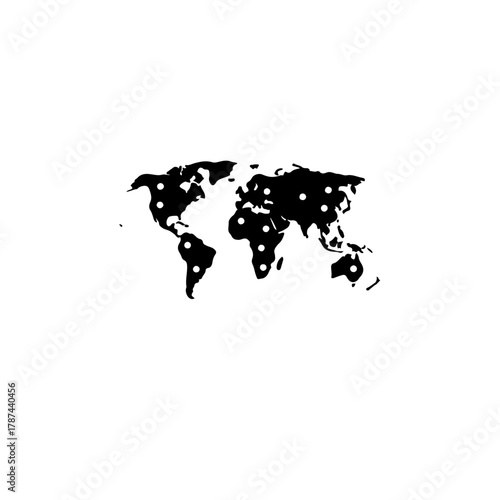 black and white icon featuring a world map marked with multiple location pins or bright spots. This graphic represents the global scope of crises and the worldwide delivery of humanitarian aid