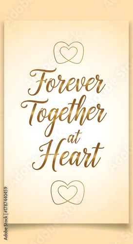 Elegant and romantic greeting card with the phrase 'Forever Together at Heart' surrounded by simple heart illustrations in a warm beige background