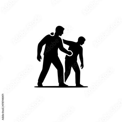 icon showing one figure (humanitarian worker) supporting or assisting another weaker figure (a victim). This visual emphasizes concrete action, resilience, the "No Matter What" spirit of aid efforts