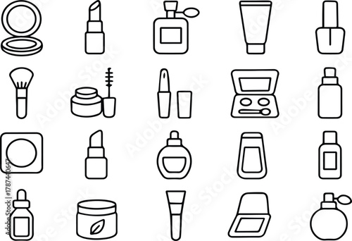 Line art illustration of various cosmetic products, including lipstick, perfume, brush, and eye shadow for beauty and personal care