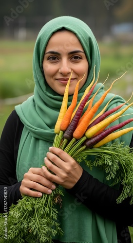 A woman wearing a green hijab holding a colorful bunch of carrots and greens outdoors in a natural setting with a blurred background