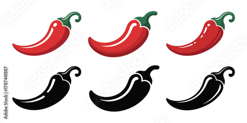 Hot chili pepper vector icons set in red and black silhouettes, ideal for spicy food designs, Mexican cuisine graphics, cooking illustrations, and food packaging.
