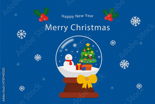 クリスマスカード　縦｜ヒイラギ、雪の結晶、スノードームのイラスト