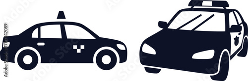 Taxi Cab and Police Car Icons Facing Each Other on White Background Keywords: taxi, cab, police car, law enforcement, emergency
