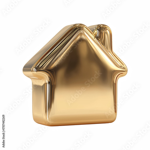 Glossy gold house icon with rounded edges isolated on transparent background
