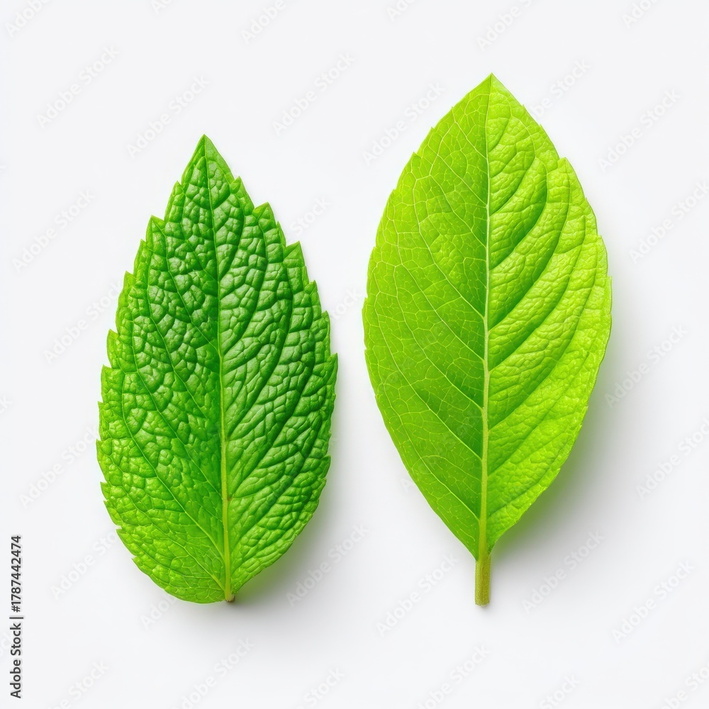 Obraz premium Close-up View of Textured Green Leaves on White Background