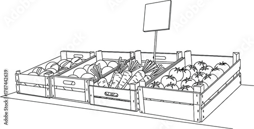 Line Art Fresh Market Vegetables in Wooden Crates with Blank Sign