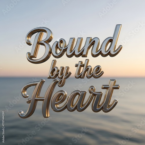 A serene scene featuring the phrase 'Bound by the Heart' in elegant metallic script against a calm ocean background during sunset, evoking feelings of love and tranquility