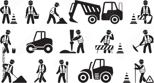 Construction site and roadwork icons set. Worker, digger, engineer, project, development, safety, progress, team, builder, truck, repair, tool, industrial, building, structure, architecture, site, mai