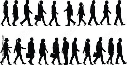 Business people walking, silhouette crowd, urban commute, professional attire, corporate lifestyle, daily routine, office workers, teamwork, city movement, rush hour, modern workforce, diversity