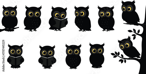 Cartoon owl collection, cute bird illustration, stylized owl characters, educational animal design, reading owls, branch pose, dark feathers, expressive eyes, vector art, children theme