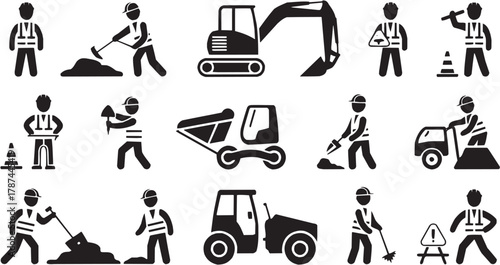 Excavator and heavy construction machinery icons set. Equipment, industrial, builder, development, digger, architecture, repair, progress, engineer, site, structure, job, safety, maintenance, construc