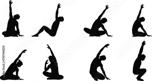 Seated yoga poses, silhouette illustration, side stretch posture, flexibility exercise, wellness concept, meditation practice, spinal alignment, fitness routine, calm energy, body balance, mindfulness