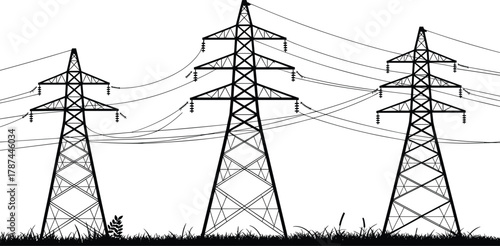High voltage transmission towers, electricity pylons on grassy terrain, power lines infrastructure, energy distribution system, industrial grid illustration, electrical engineering concept,
