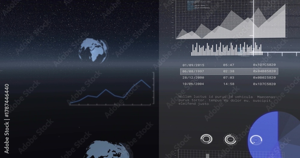 Fototapeta premium Showing analytics UI over starfield, displaying area charts, pie and gauge charts, copy space