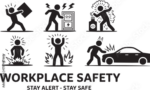 Workplace safety awareness icons set. Protection, alert, emergency, industrial, prevention, caution, care, danger, health, security, accident, rule, responsibility, team, work, awareness, job, safety,