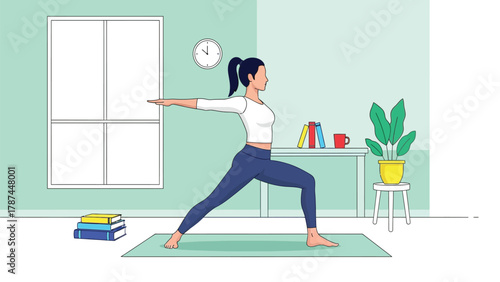 Woman Practicing Warrior II Yoga Pose at Home, Fitness and Wellness Illustration