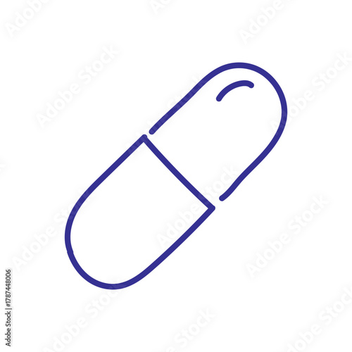 Simple line drawing of a blue capsule on a white background, representing medicine or health.