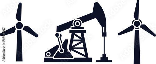 Wind turbines and oil pump jack icons in a row energy power