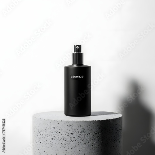A sleek black spray bottle labeled 'Essence' standing on a minimalist concrete pedestal with a plain white background and subtle shadow effects
