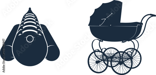 Vintage Baby Stroller and Retro Rocket Ship Silhouette Icons carriage pram