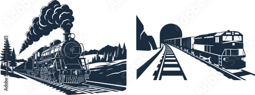 Vintage steam train and modern diesel locomotive on railway tracks railroad