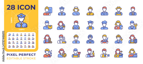 Professions pixel perfect line color icons set. Professionals of different occupations. Career choices. Job variety. Vector illustrations. Simple flat colorful symbols collection. Editable stroke