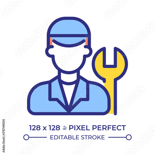 Mechanic pixel perfect line color icon. Car service station worker with wrench. Man technician at repair shop. Isolated vector illustration. Flat colorful symbol design. Editable stroke