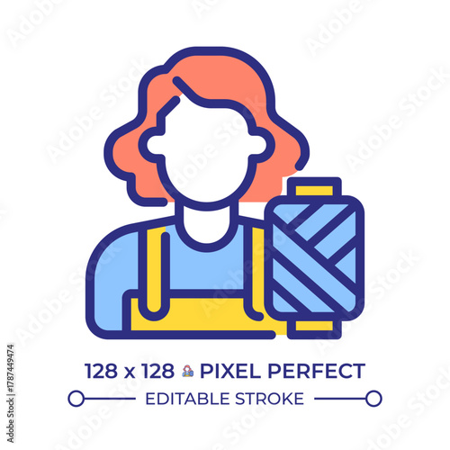 Female tailor pixel perfect line color icon. Professional seamstress with thread coil. Dressmaker job. Atelier work. Isolated vector illustration. Flat colorful symbol design. Editable stroke