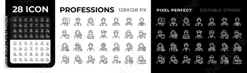 Professions pixel perfect black and white line icons set. Professionals of different occupations. Career choices. Job variety. Outline iconset. Isolated monochrome illustrations. Editable stroke