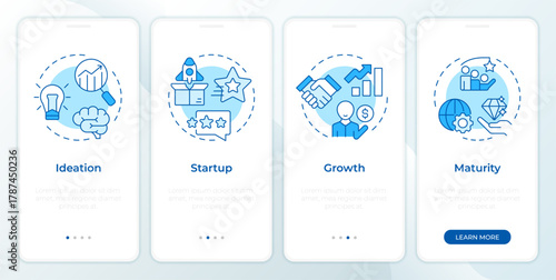 Startup growth stages blue onboarding mobile app screen. Business project. Walkthrough 4 steps editable graphic instructions with linear concepts. UI, UX, GUI. Montserrat SemiBold, Regular fonts used